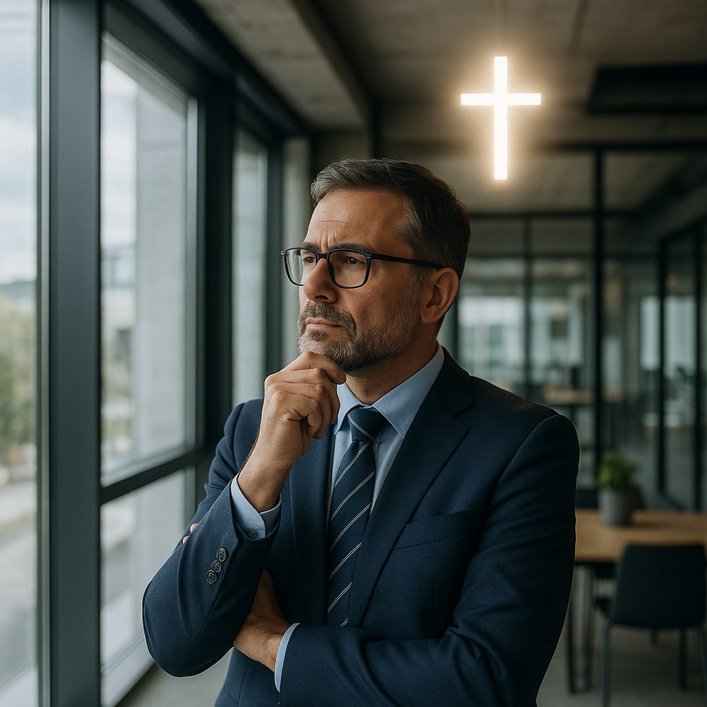 Líder empresarial reflexionando en un espacio de o